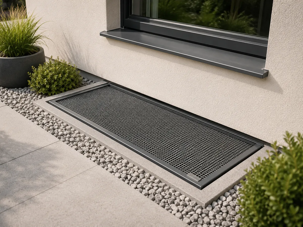 Edelstahl-Lichtschachtabdeckung an einer modernen Hausfassade (Symbolbild)